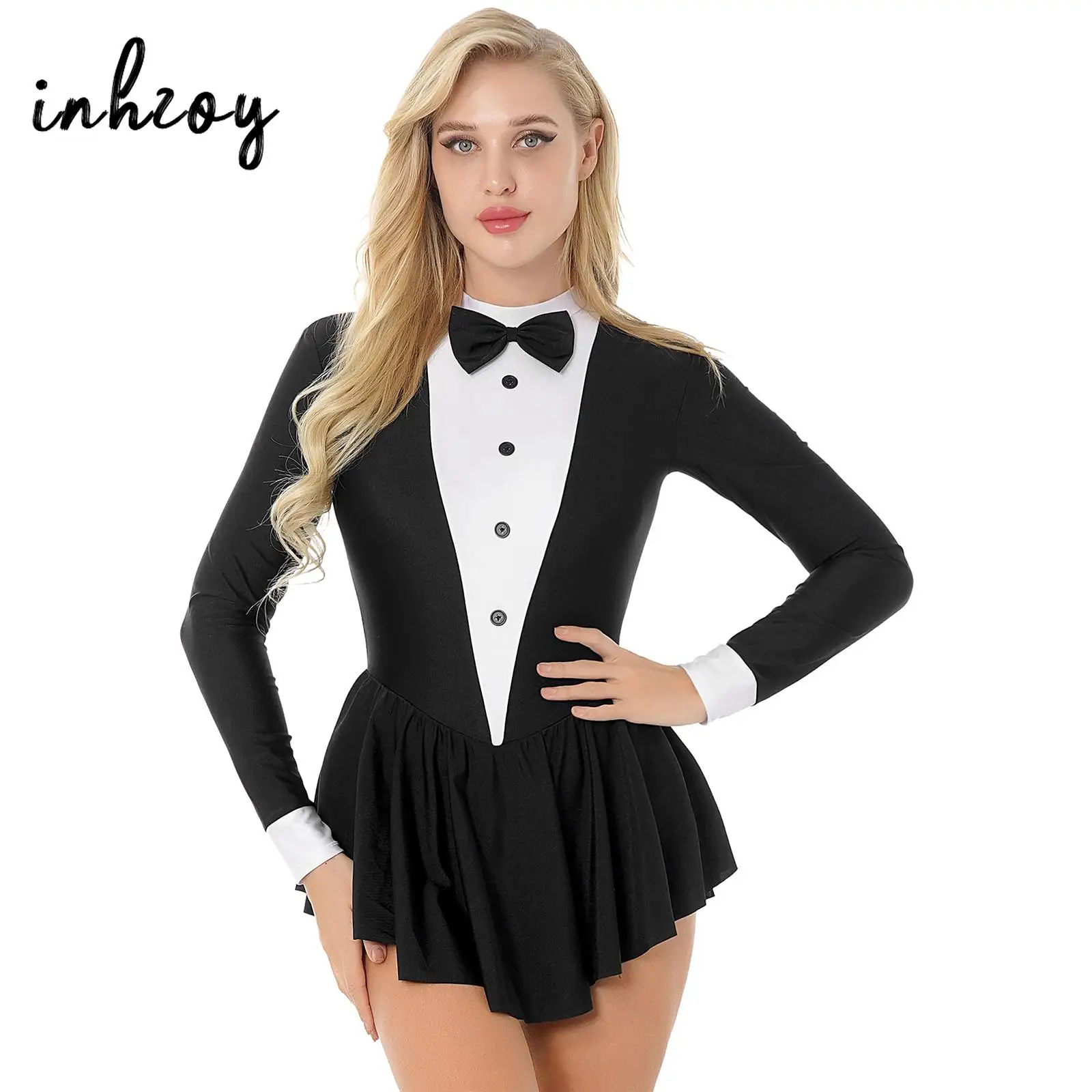 

Женский гимнастический балетный трико-пачка с длинными рукавами и галстуком-бабочкой, смокинг с юбкой, платье для фигурного катания, современный джаз, костюмы для латинских танцев