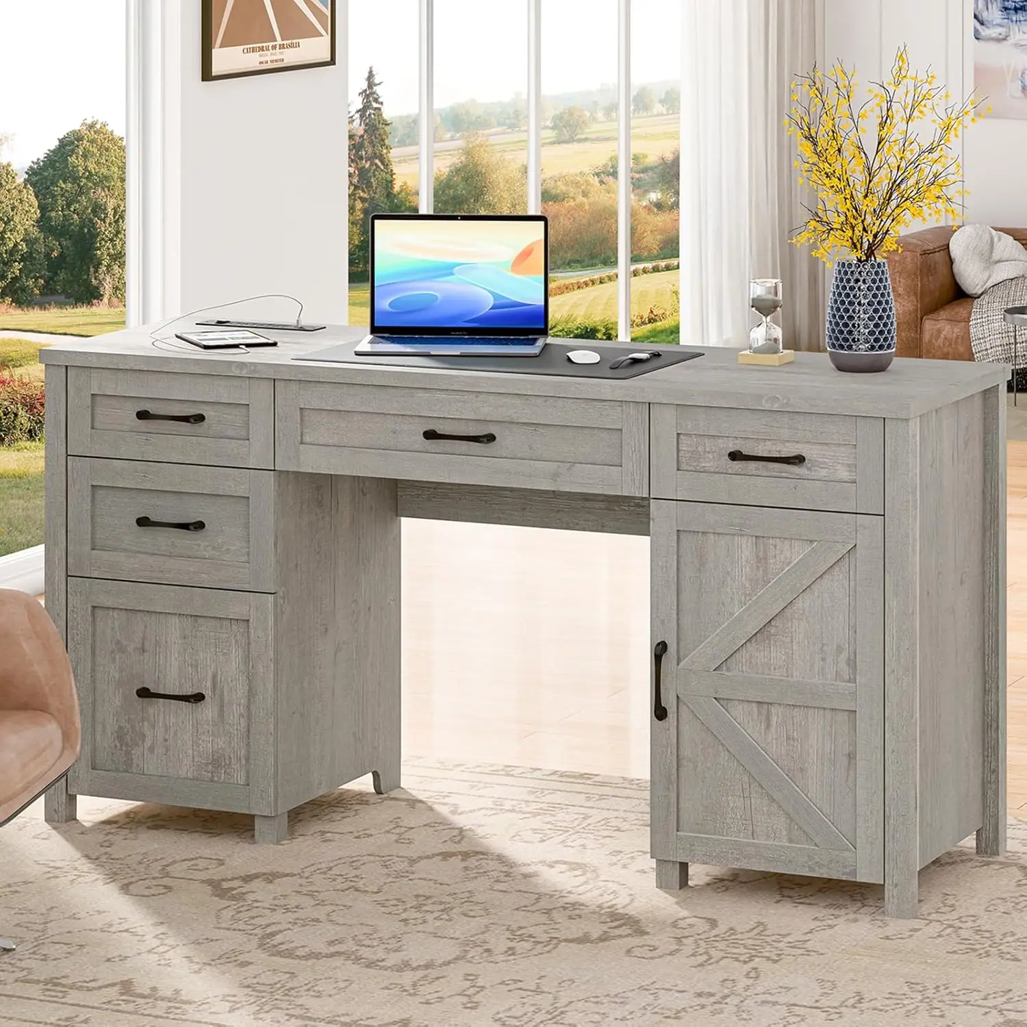 Farmhouse 61'' Executive Desk with 5 Drawers, Rustic Office Desk Computer Desk with Charging Station, File Drawers
