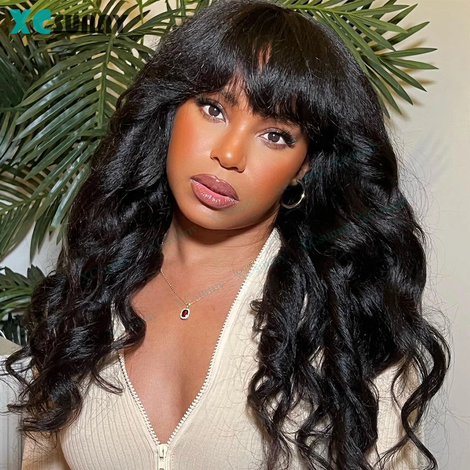 Yaki Wavy Human Hair Wigs With Bangs Remy Brazilian Silk Scalp Top Closure Wig For Women 200 Density Yaki Bang Wig Human Hair