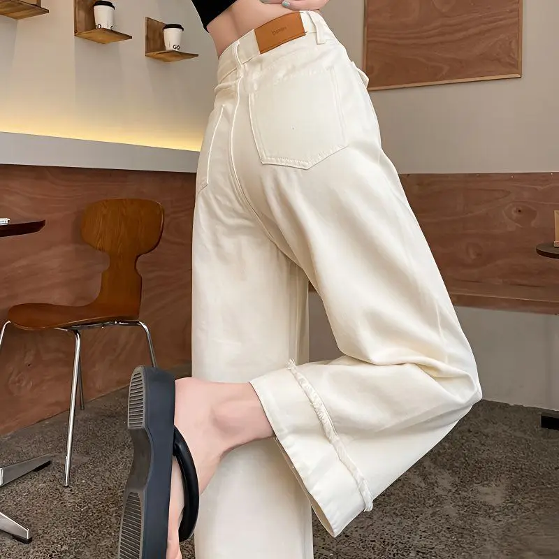 

High Waist Wide Leg Denim Jeans Women's Spring New Loose Splicing Frayed White Casual Straight Cut Slimming Nine Points