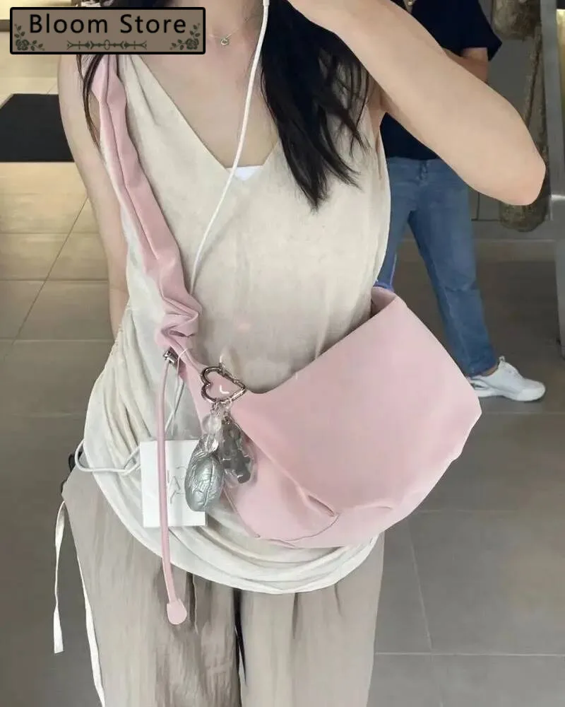 Bloom Haruku Pink Hobos Purse Women New Pu Leather Chic Casual Crossbody Bags Ladies Large Capacity Messenger Bag Y2k
