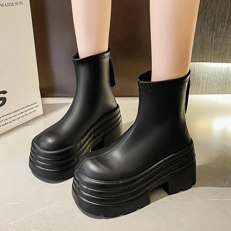 Botas de tacón grueso Punk para mujer, botas de tacón alto con plataforma gótica negra, zapatos de diseñador a la moda, nuevas botas geniales de calle a media pantorrilla para mujer
