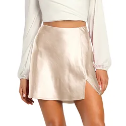 Solid Color Soft Fashionable Simple High Quality Lady Office Satin Slit High Waist Elastic Sexy Half Mini Skirt For Female
