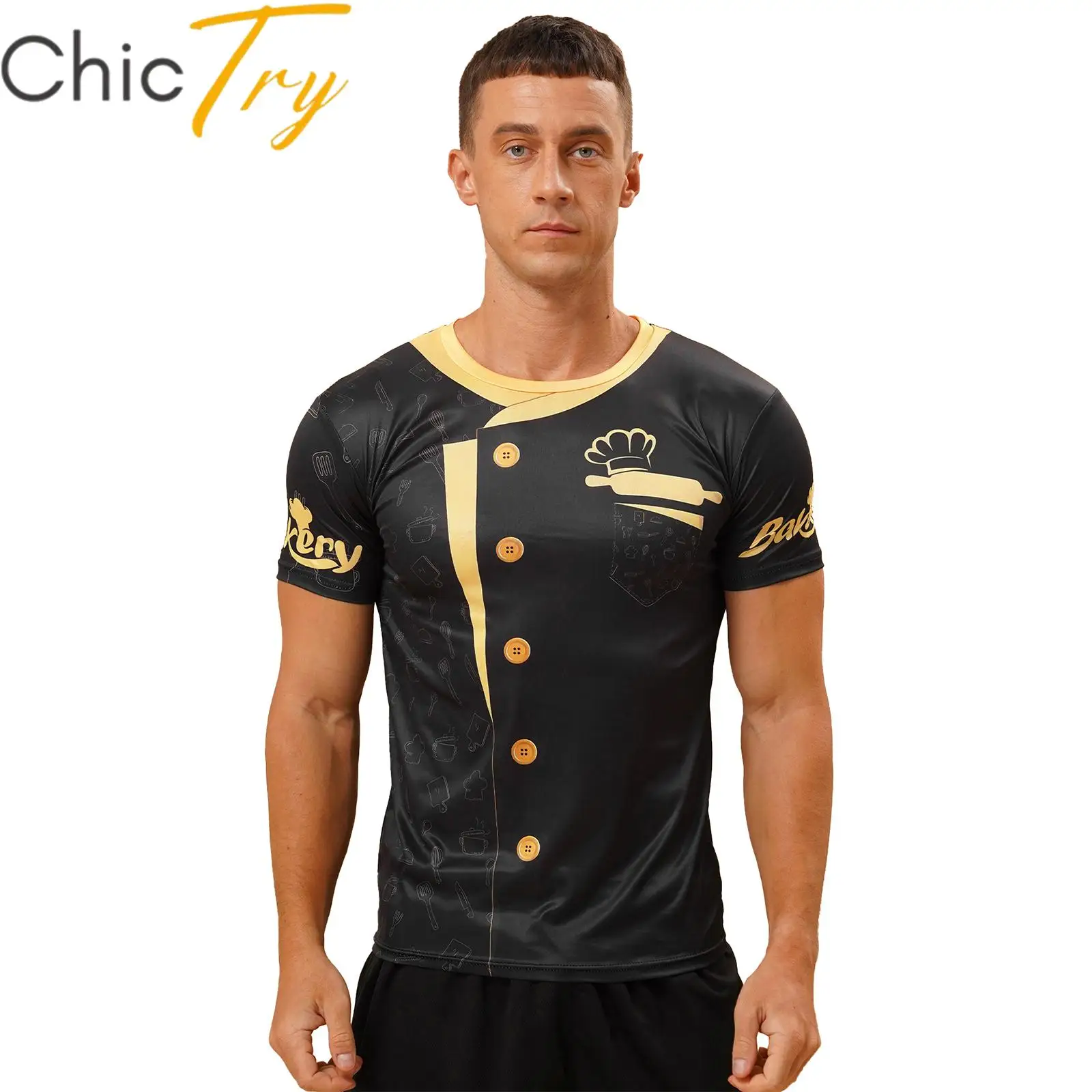 Camiseta con estampado de Chef 3D para hombre, uniforme de trabajo de cocina, Hotel, restaurante, panadería, Catering, Tops de manga corta