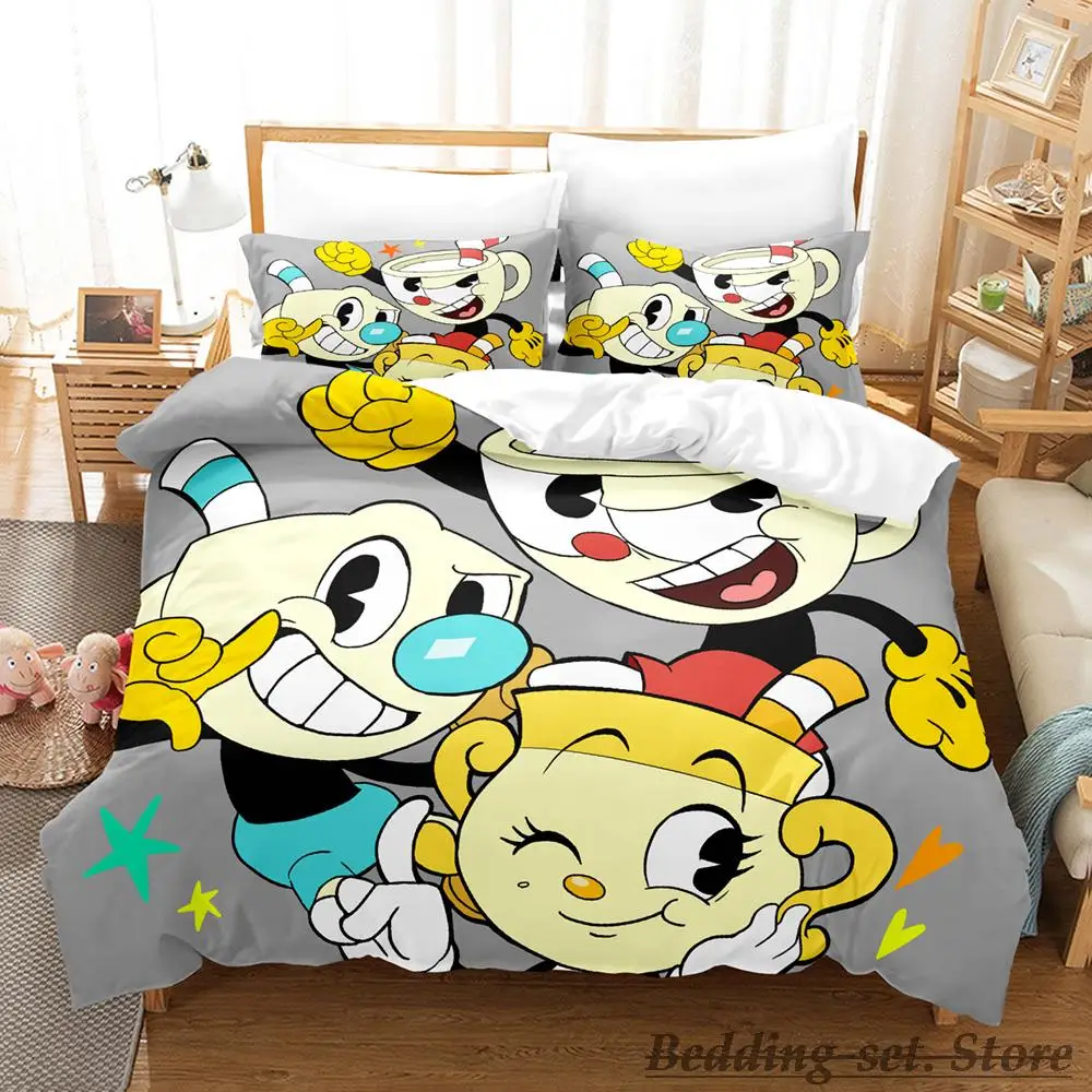 

New Kawaii Cuphead Mugman Bedding Set Single Twin Full Queen King Size Bed Set Adult Kid Bedroom Duvetcover Sets Anime Game Bed