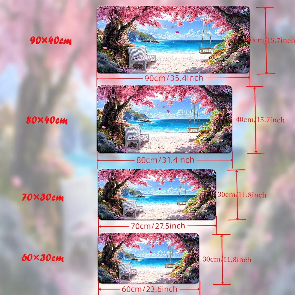 1-teiliges XXL-Mauspad mit Küstenlandschaft, lebendigem Strand- und Kirschblüten-Design, langlebige Schreibtischunterlage, multifunktionales Desktop-Pad
