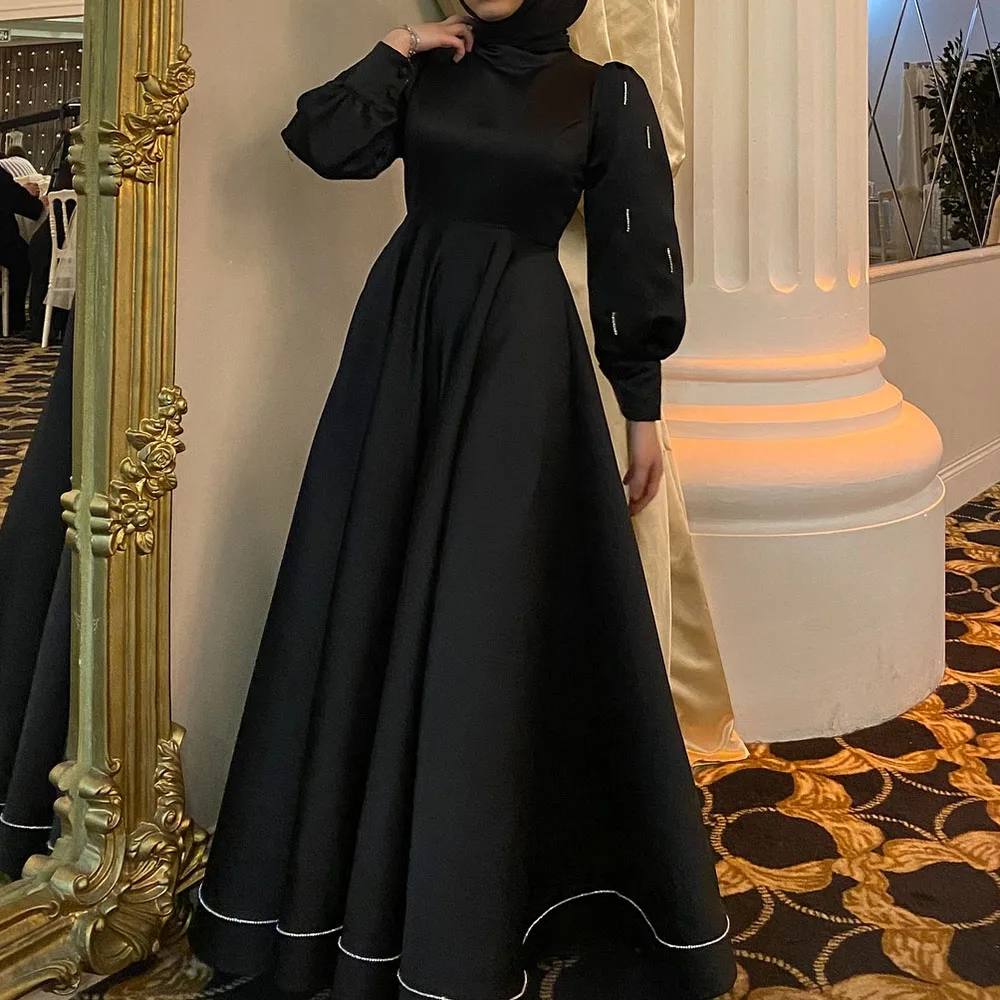 

Customized A-Line Prom Dresses Floor-Length High-Neck Full Sleeve Evening Gown Fashion Sequined Simple Draped Party Gown