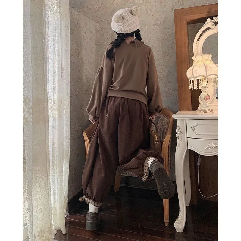 Vintage Loose 3D Flowers Brown Lantern Pants Women Spring Autumn Winter Sweet Cute Mori Girl Style High Waist Wide Leg Trousers