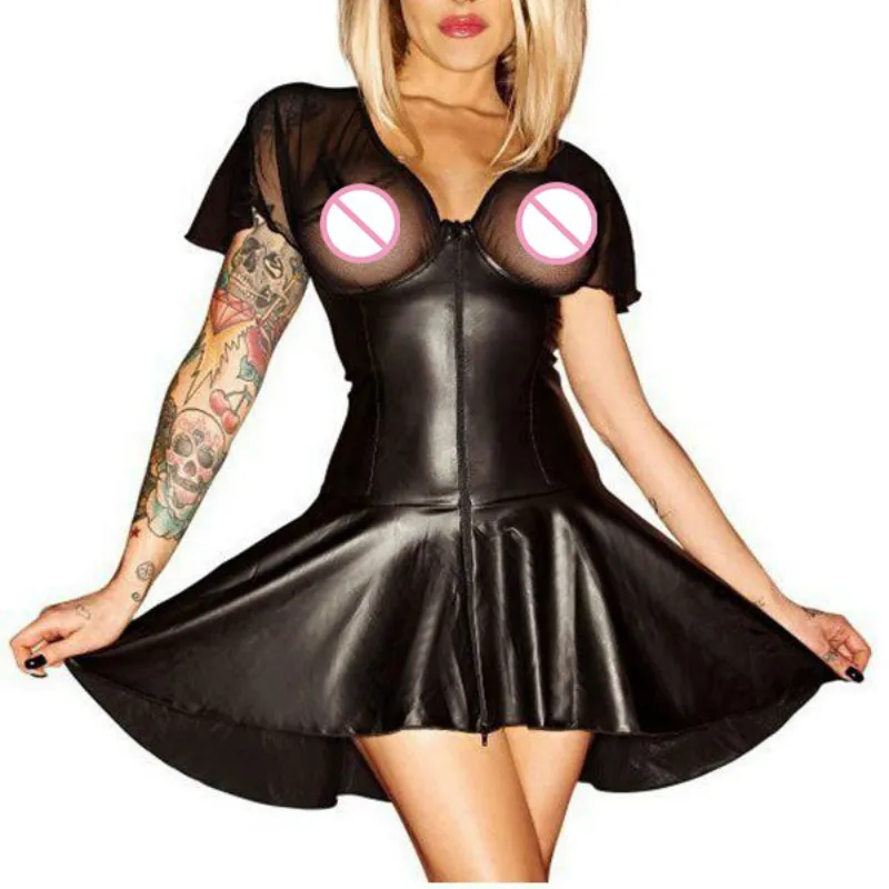 

Sexy Mesh Vinyl Club Jurken Zomer Vrouwen Clubwear Leer Suede Petticoat Gebrek Kleid Zwarte Korte Transparant Gewaad