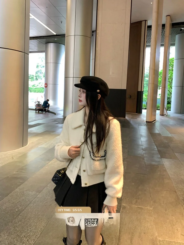 

Women's Small Size Autumn Winter Woolen Jaet Design Sensation Casual Sle Loose Fit Long Sve Button up Pure Color