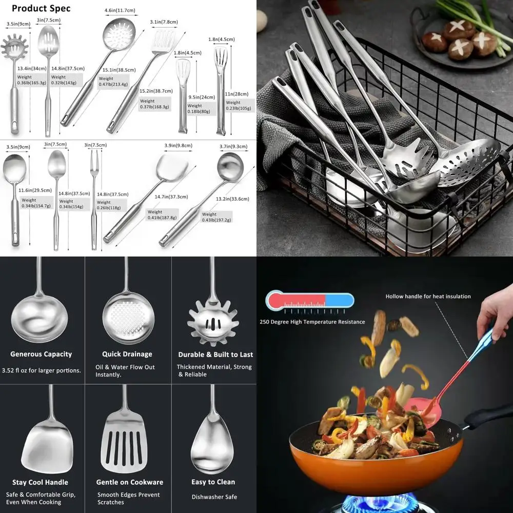 

11-Piece 304 Stainless Steel Kitchen Tool Set: Spatula, Ladle, Turner, Pasta Server, Meat Fork, Tongs, and More
