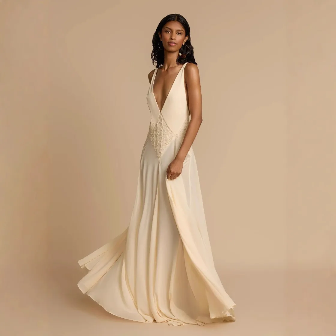 2025 verão feminino elegante vestido sem costas moda maxi vestido minimalista recorte retalhos renda camisola cor sólida