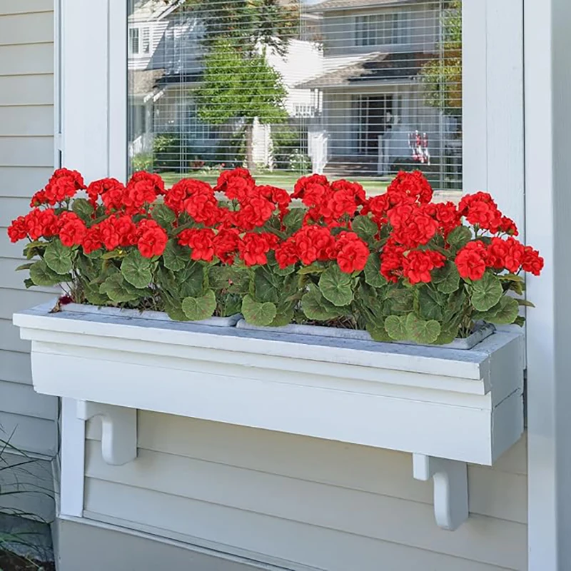 14in Artificial Geraniums Red Faux Flowers Silk Bouquet DIY Bushes for Outdoor Planters Porch Patio Home Wedding Fountain Decor