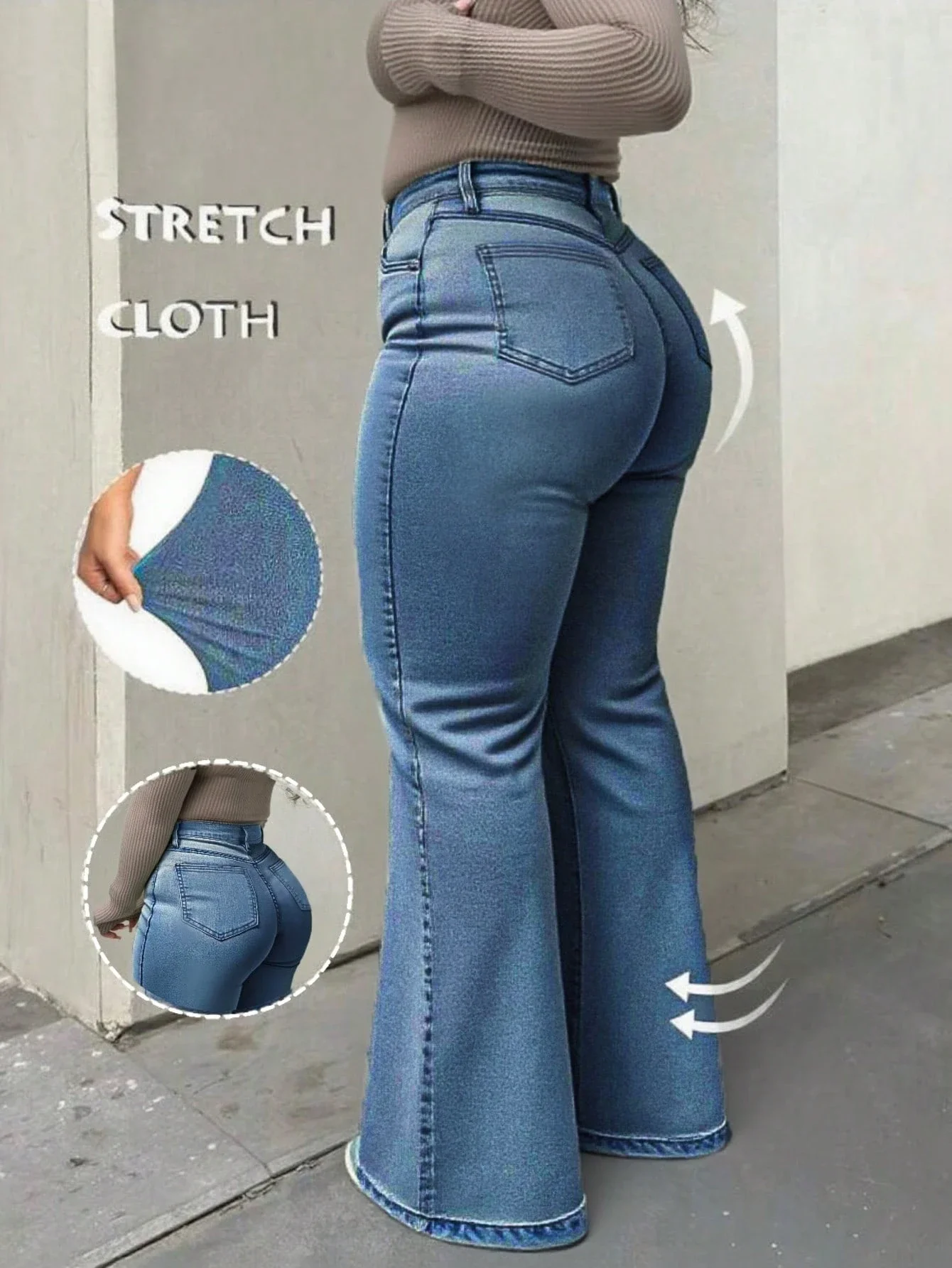 

Plus Size Flared Jeans High Waist Stretch Denim Women Casual