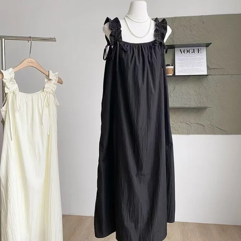Férias vento gola quadrada fora do ombro vestido com cordão 2025 nova moda verão temperamento feminino coreano macio saia longa