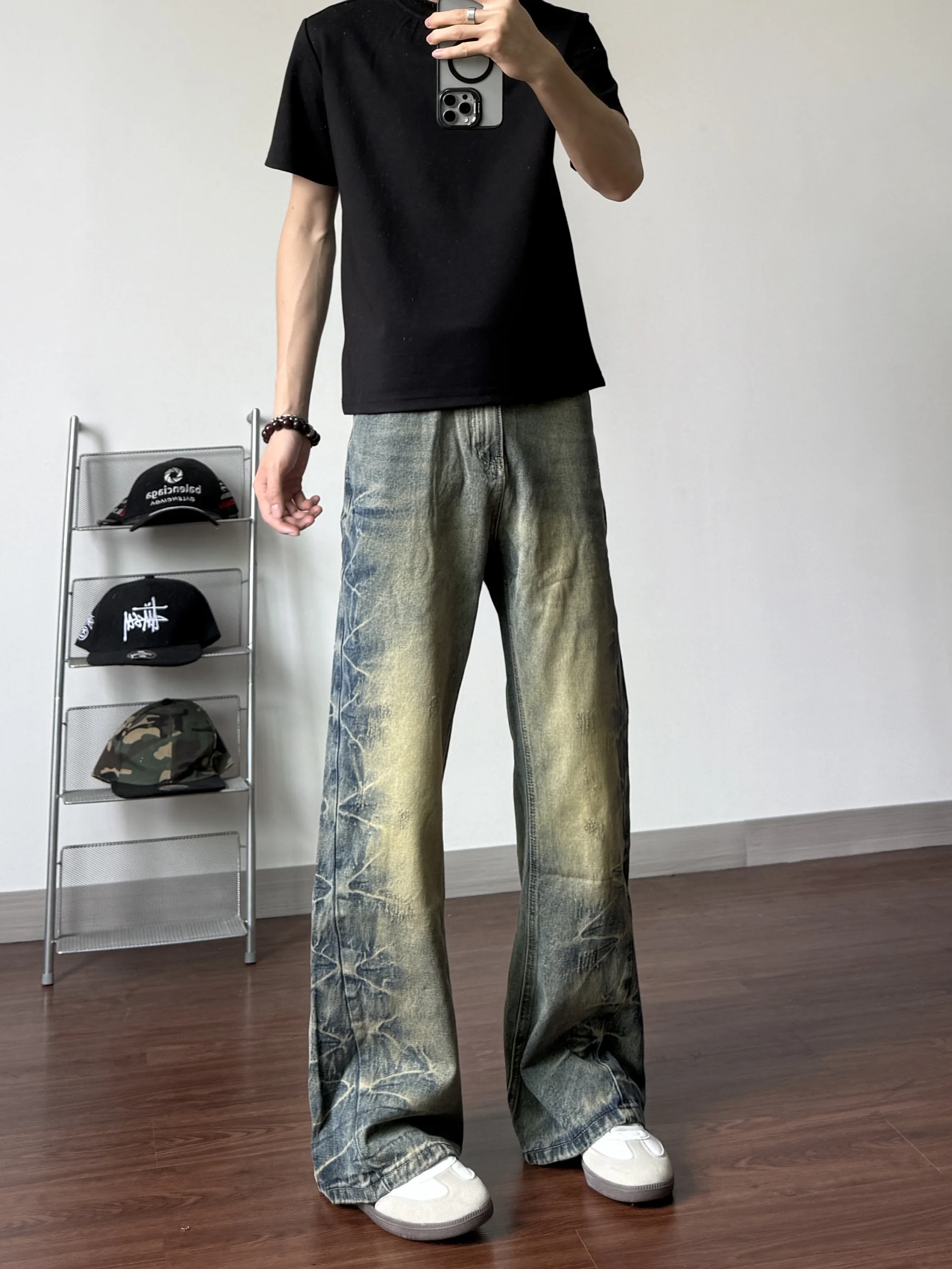 

Плиссированные джинсовые джинсы Hanrted, прямые широкие брюки Cleanfit, длинные брюки в стиле ретро, американская молодежная повседневная одежда