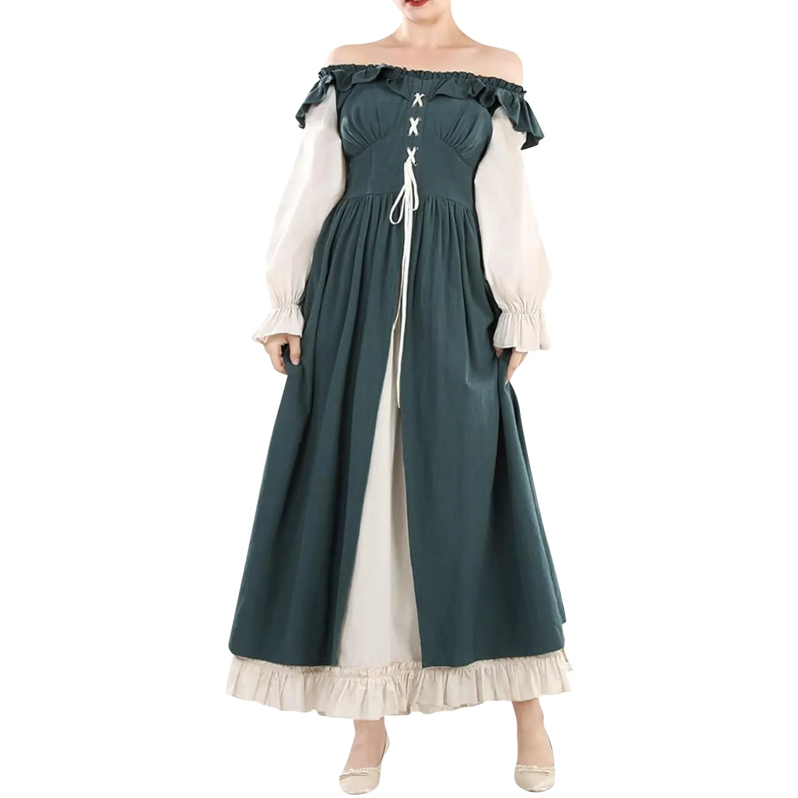 Women'S Lantern Sleeves A-Line Dress Medieval Vintage Big Swing Sweet Style Dresses Halloween Cosplay Patchwork Costumes