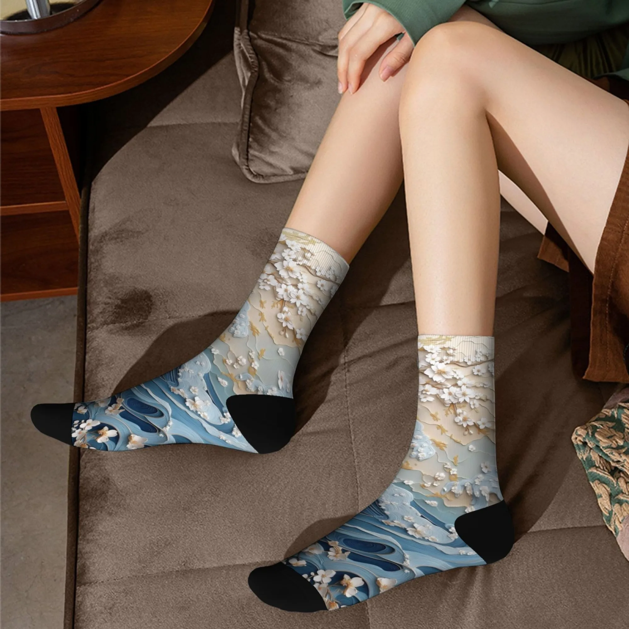 ウェーブレリーフテクスチャソックス 3Dエンボス加工 海景デザイン 日本の美的スタイル 禅 ミニマリスト クルーソックス メンズ スポーツ サイクリング