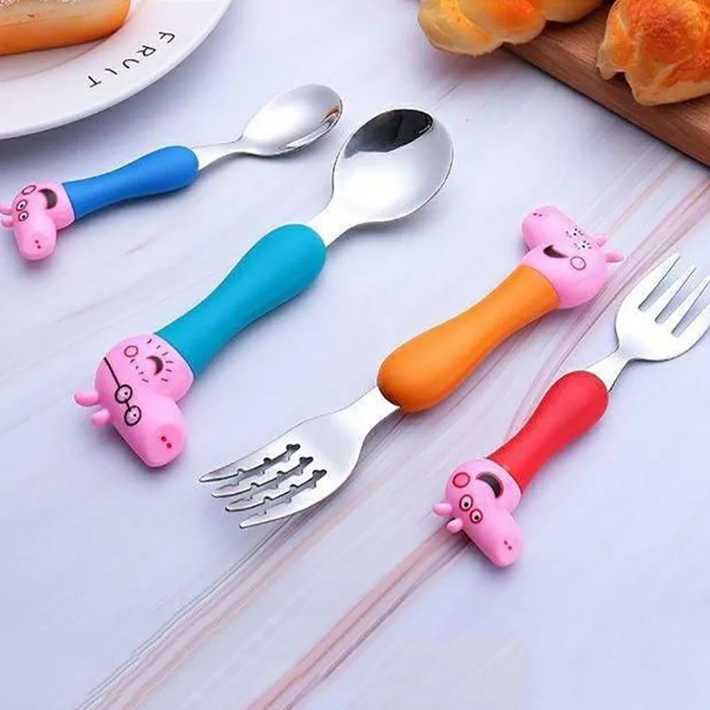 Peppa Pig Cartoon Cutlery Set Stainless Steel Spoon Fork George Pig Dad Mom Tableware Anime Doll Dinnerware Dinner Set for Kids