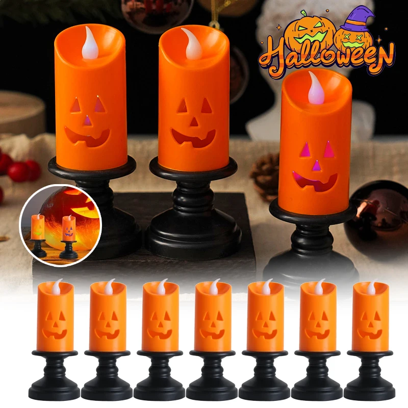 Candele di zucca senza fiamma LED Bagliore arancione Centrotavola da tavolo di Halloween Decorazione con sfarfallio spettrale Atmosfera stregata alimentata a batteria