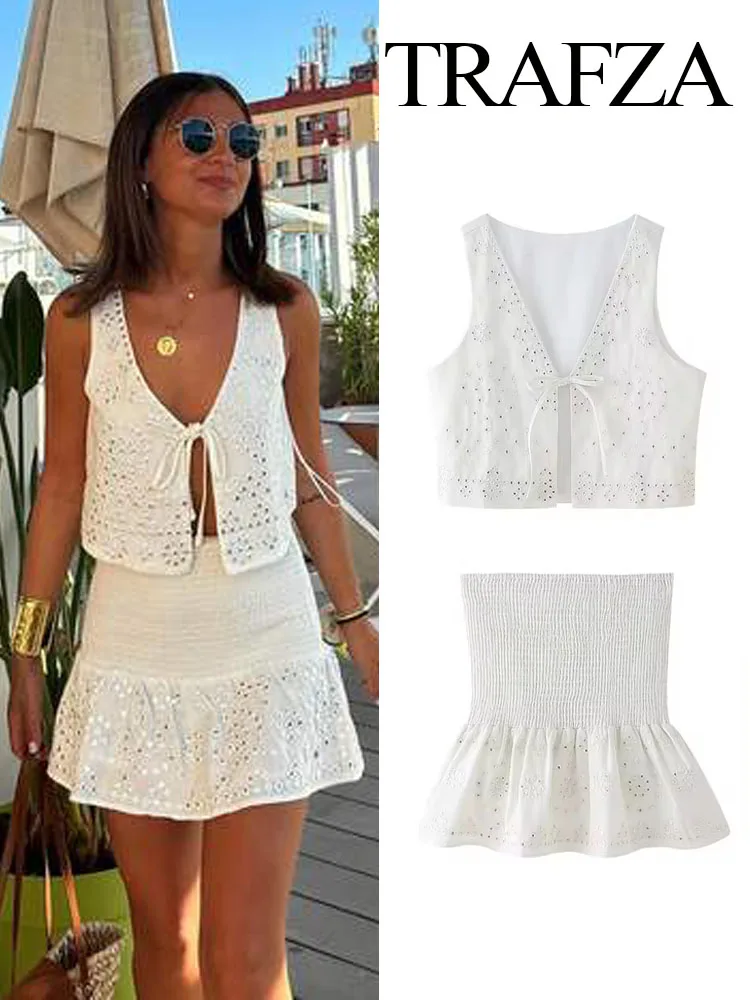 TRAFZA Summer Women 2 Piece Set V-Neck Sleeveless Bow Lace-up Sequins Decorated Vest Top+Elegant High Waist Pleated Skirt Mujer