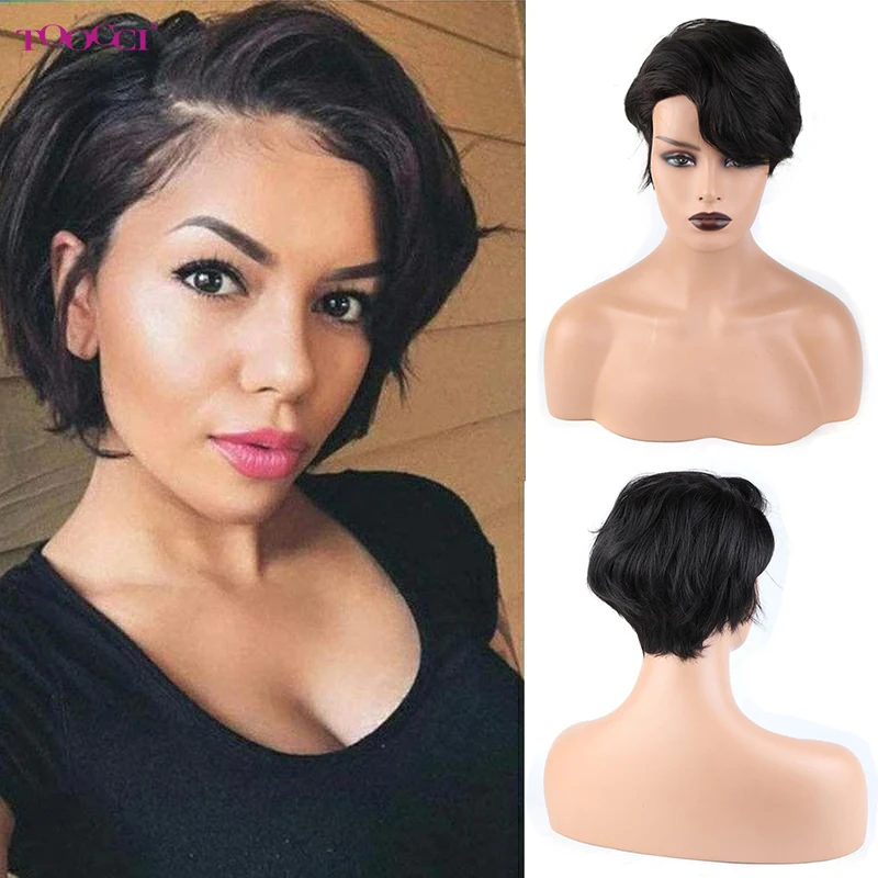 Toocci Korte Menselijk Haar Pruiken Pixie Cut Pruiken Voor Zwarte Vrouwen Braziliaanse Remy Ombre Blonde Volledige Machine Gemaakt Met Pony goedkope Pruiken