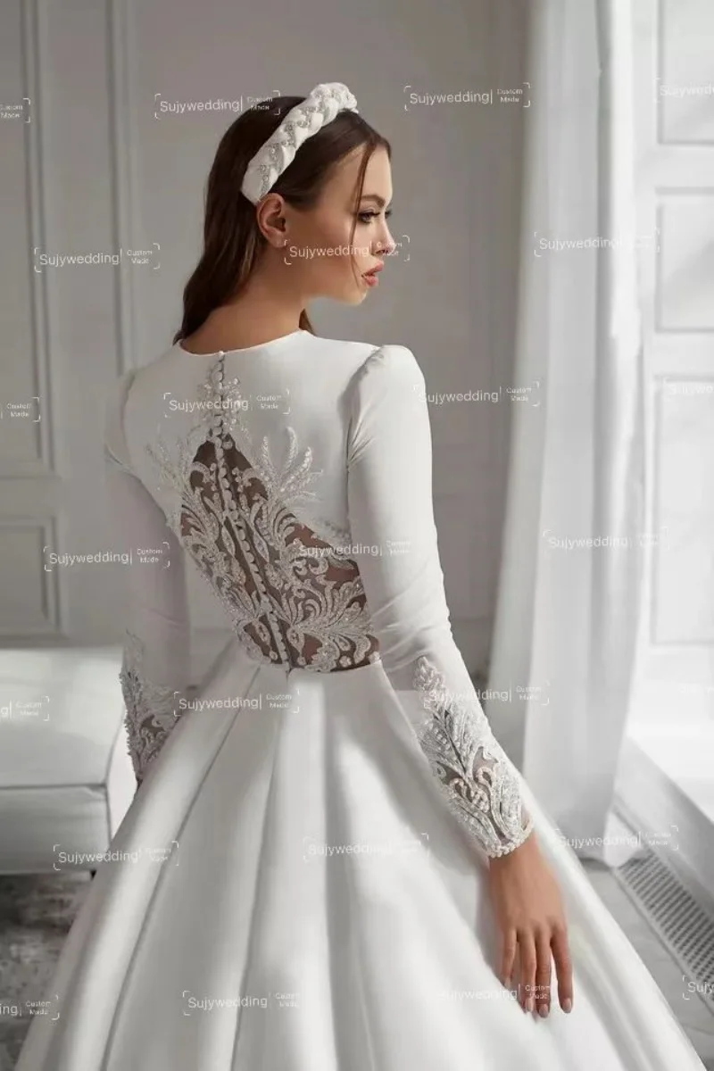 Vestidos De Novia musulmanes De línea A De lujo, Apliques De encaje con cuentas, Vestidos De Novia blancos De manga larga para novia, Vestidos De Noche personalizados