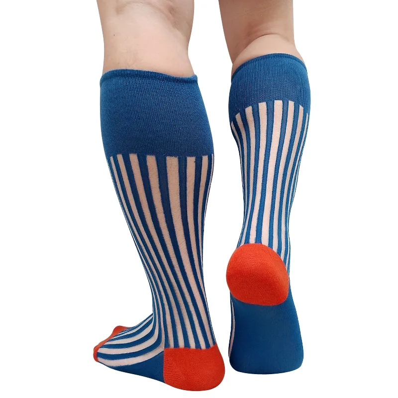 See Through Striped Mens Formal Socks Over the Calf Dress Suit Male Sexy Stocking Lingerie Business Long Tube Hose Softy Funny