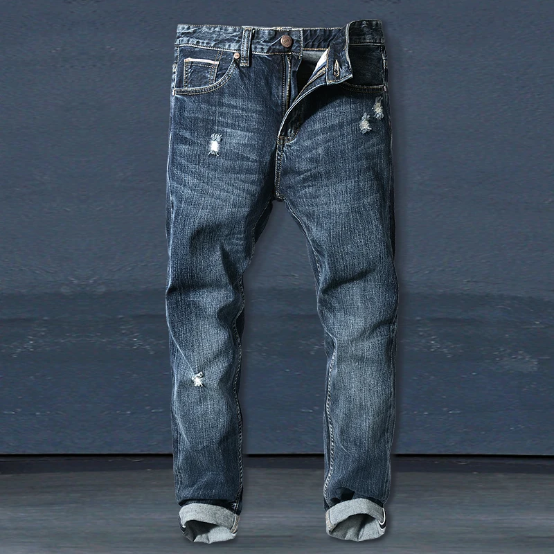 

Мужские джинсы из денима с эффектом потертости, прямые, зауженные, с дырками, винтажные, в стиле ностальгии, модные, длинные брюки, трендовые, осень-зима