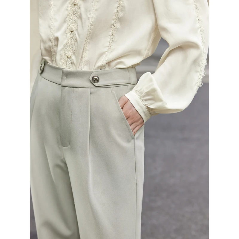 INMAN Women Pants 2023 Autumn Back Elastic Waist Straight Long Trousers Decorative Buckle French Commuting Coffee Green Pant