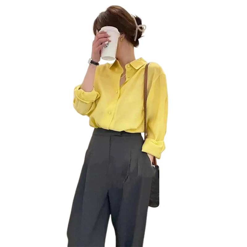 Camisas de manga larga de Color sólido a la moda para mujer, Tops coreanos simples con solapa de un solo pecho, blusa básica para ir al trabajo para primavera y otoño