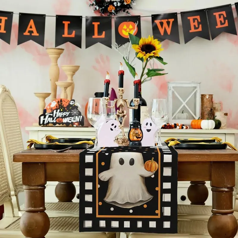 Halloween Table Flag Black and White Checkered Cat Ghost Print Fabric Dining Table Mat Home Decoration Coffee Table Flag