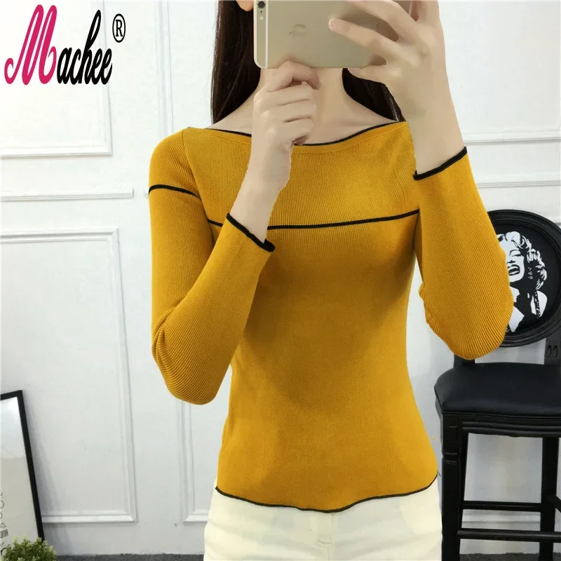 High Elastic Slash Neck Knitted Sweaters Women Spring Winter Long Sleeve Knits Pullovers Female Knit Shirts