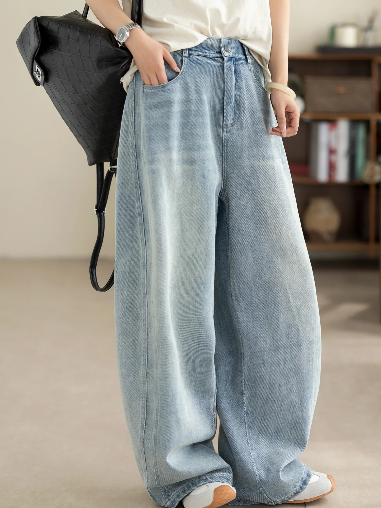

High Waist Wide Leg Jeans Women's Loose Fit Casual Straight Cut Blue Denim Pants Vintage Washed A-Line Trousers