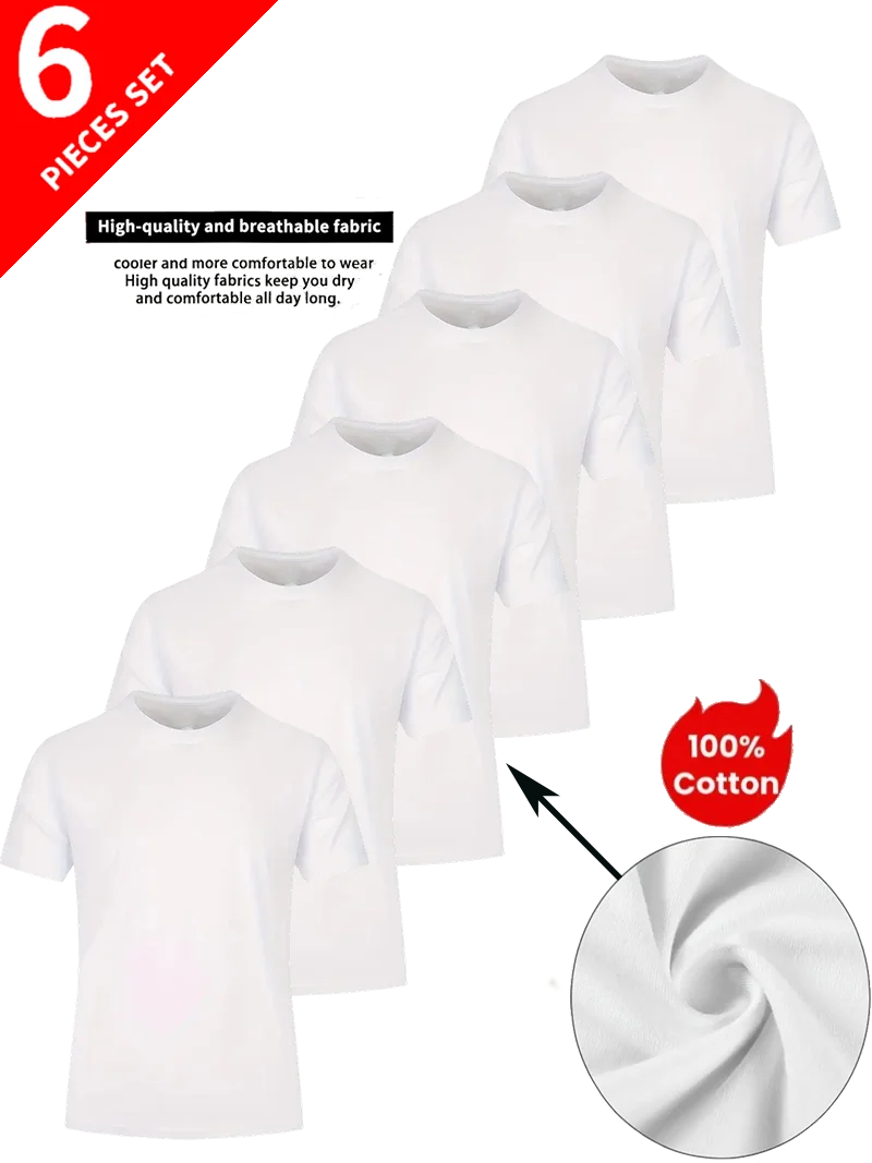 

Round Neck T-Shirt 6-Piece Stock Up on Summer Cotton White Men's Quick-Dry Soft Breathable Layering Sport Shirt Suitable for F