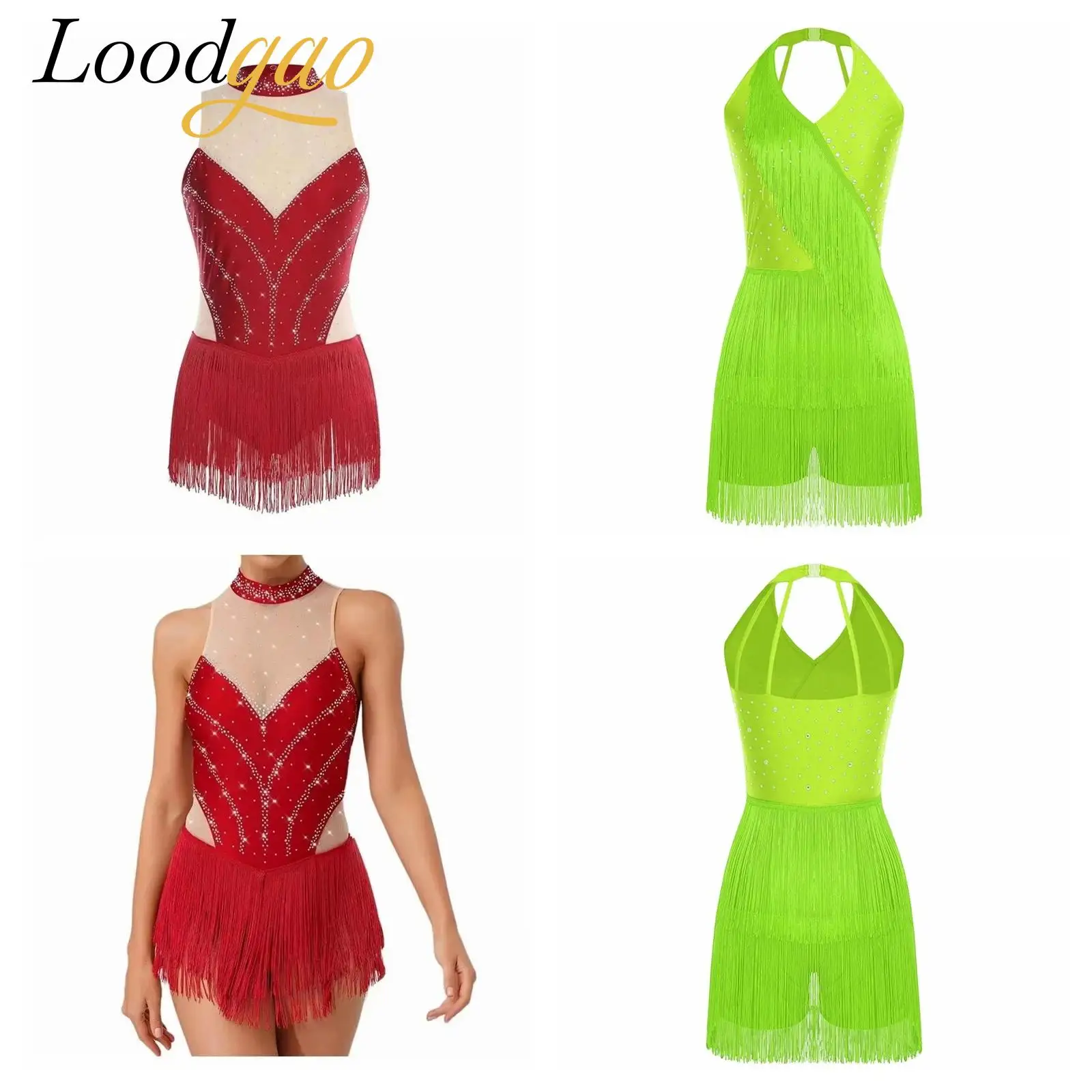 

Women Tango Salsa Latin Dance Costume Tassel Gymnastics Leotard Rhinestones Bodysuit Ballet Jazz Performance Fringed Jumpsuits