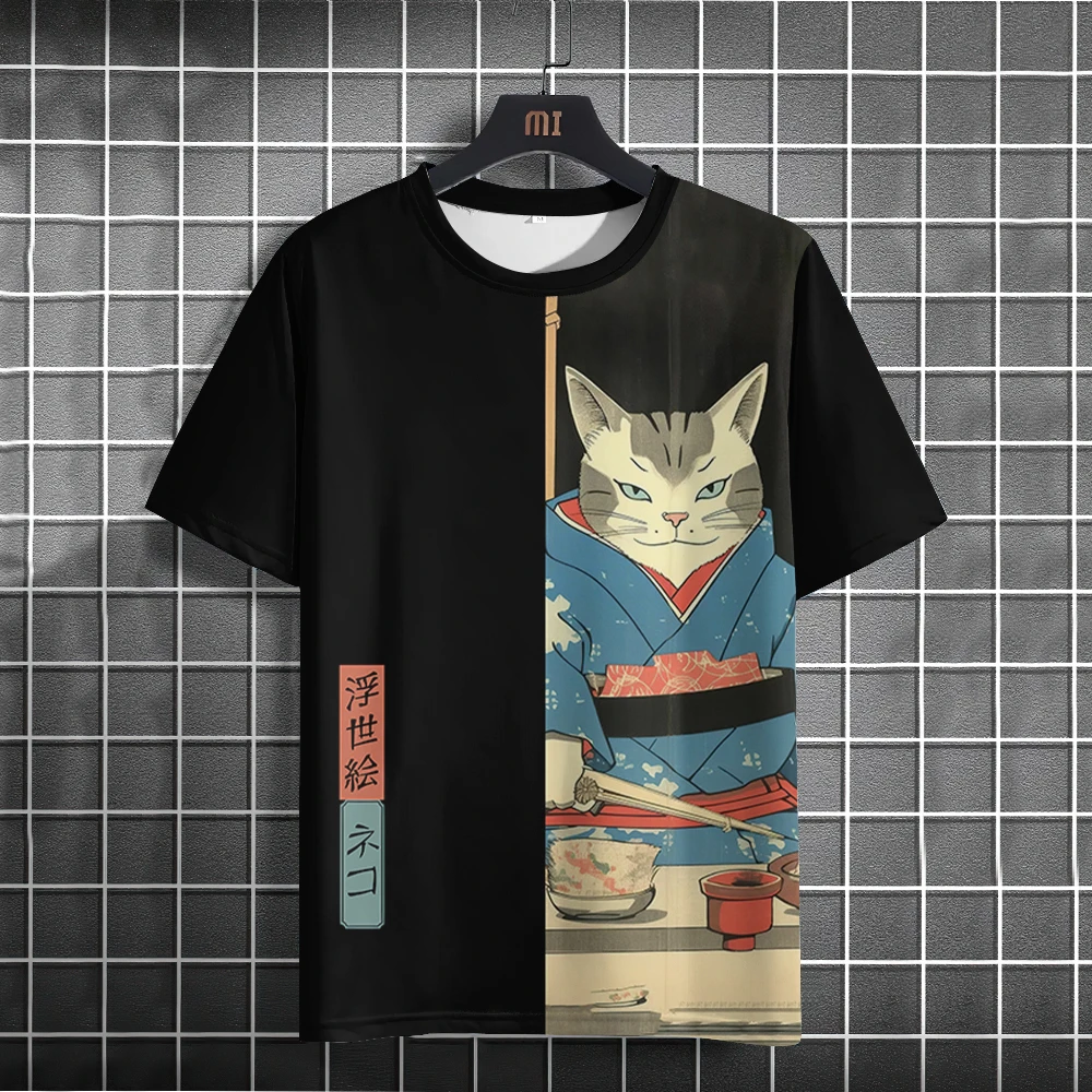 Ukiyo-E Animal Print Men\'s T-Shirt Summer Short Sleeve T-Shirt For Men Retro Men Top Casual Man Clothing Loose Oversized Tee Top