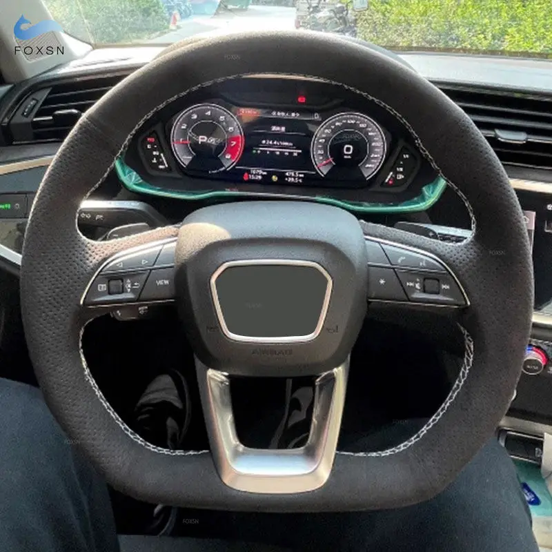 Hand-stitched Suede Leather For Audi D Shape Q3 F3 2018-2019 Q5 SQ5 FY 2017-2022 Q7 SQ7 Q8 Car Interior Steering Wheel Cover