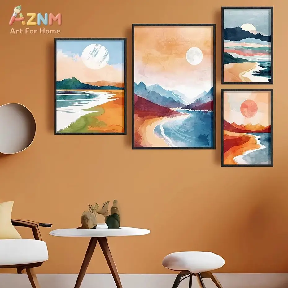 AZNM Unframed Canvas Print Watercolor Sunset Beach Landscape Wall Art Abstract Scenery Living Room Home Decor Poster