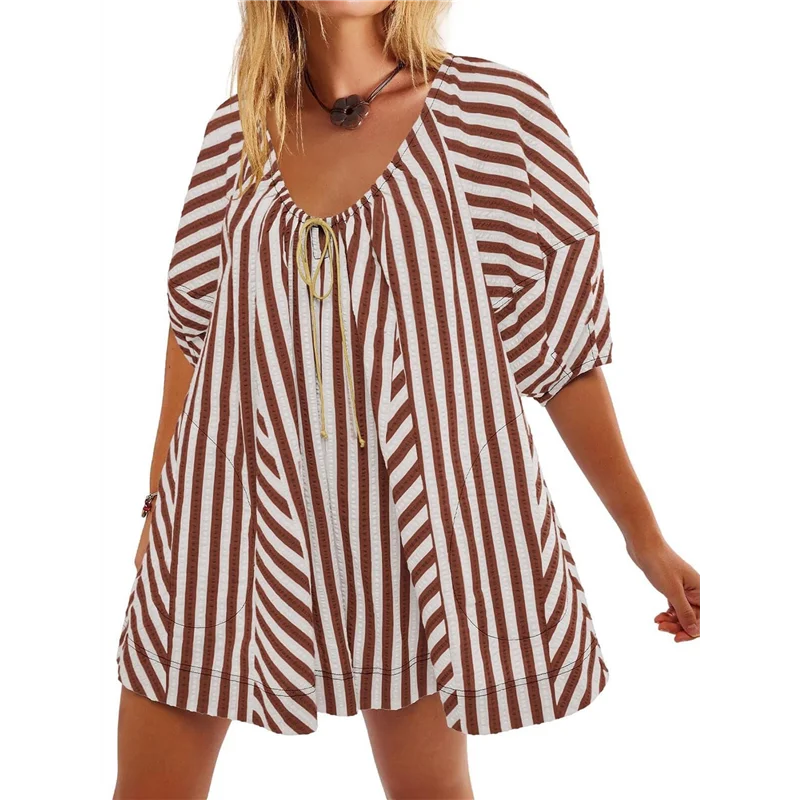 CYL-Womens فستان رومبير مخطط كبير الحجم بذلة ملابس عطلة الشاطئ مع جيوب