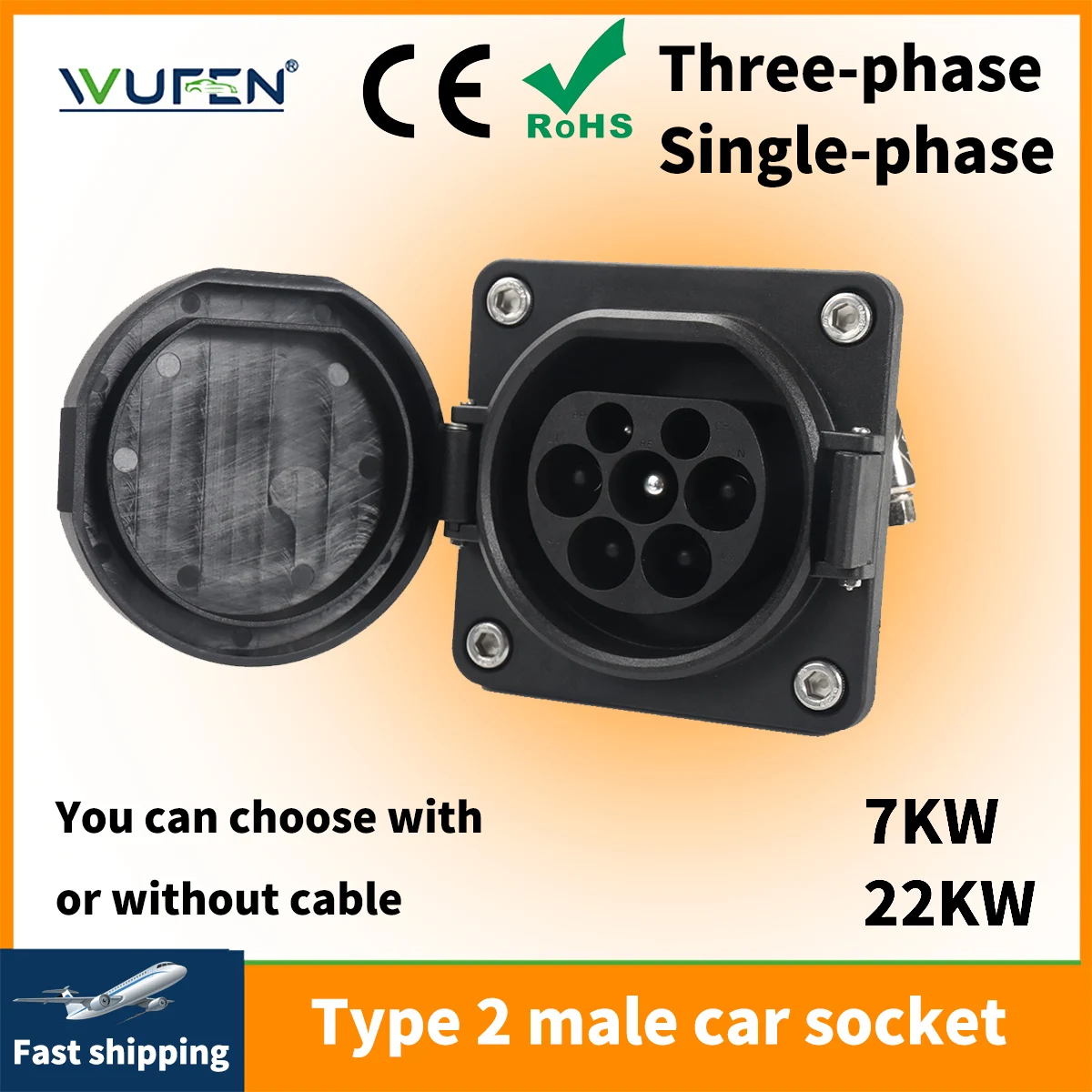 WUFEN IEC 62196-2 Type 2 Male Socket 16A 32A Single Phase Three Phase EV Charging Car Side Socket