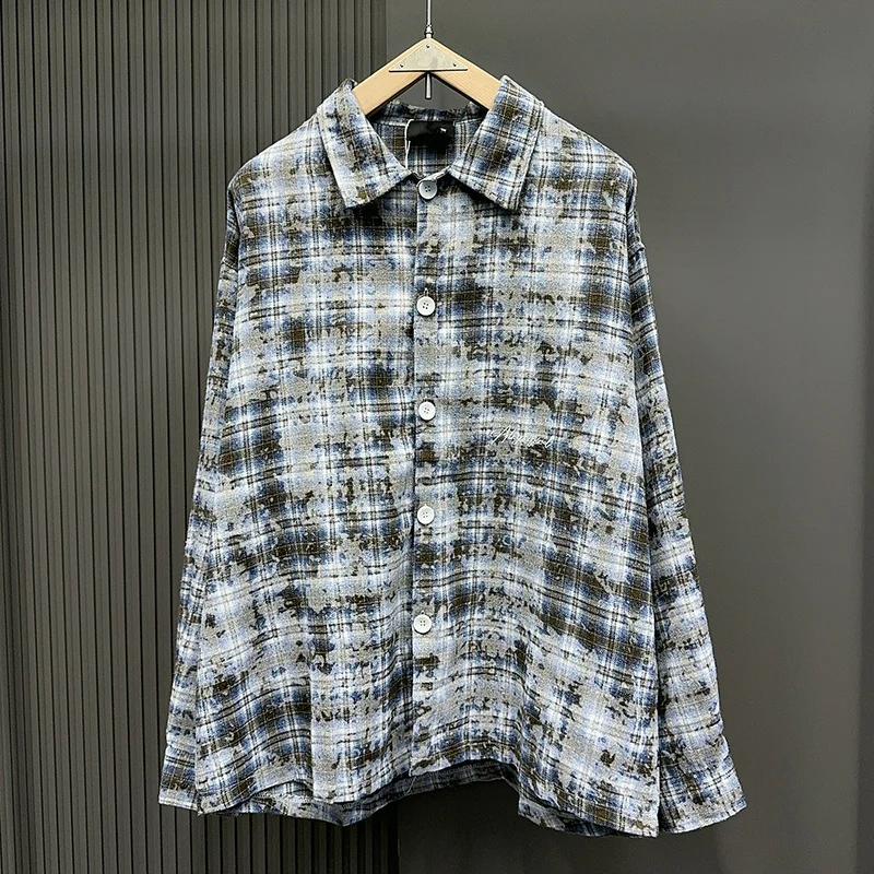 

Винтажная рубашка в клетку с длинными рукавами и вышитыми буквами, одежда с брызгами тай-дай, повседневные универсальные топы, мужские и женские рубашки V-образной формы