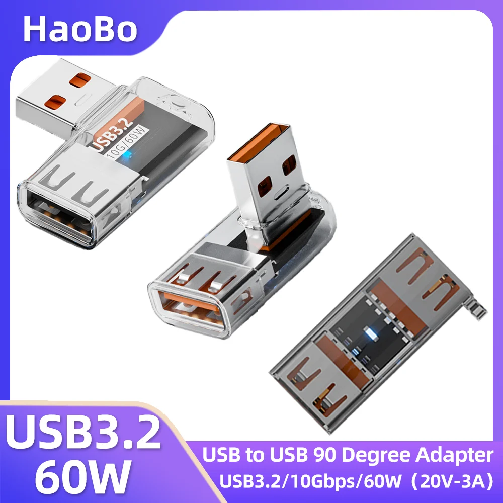 90° USB-A to A Adapter USB3.2 10Gbps 60W Fast Charging OTG Connector for Notebook & Mobile Phone Charging Head