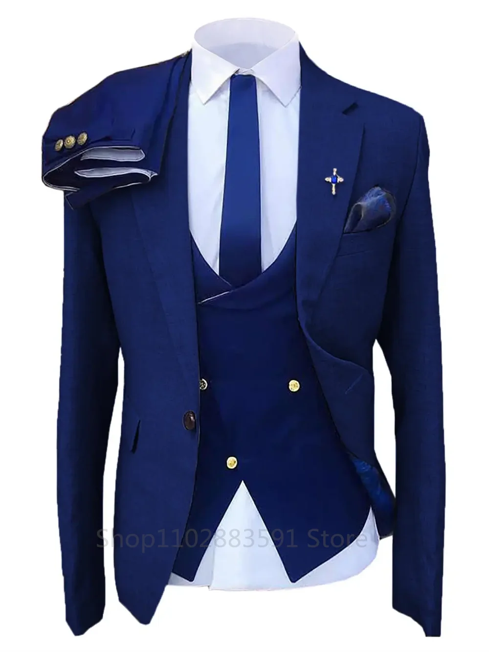 Men Suit 3 Pieces Solid Color Formal Slim Fit Wedding 2023 Business Wedding Banquet Work Suit Navy Blue Vest Pants And Jacket