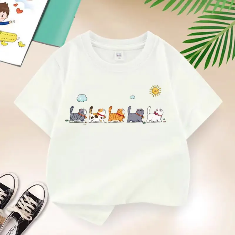 Children Tee Row Of Different Colored Collared Cat Walking With Sun Cloud Elements Short Sleeve Casual Lightweight Summer Kid To