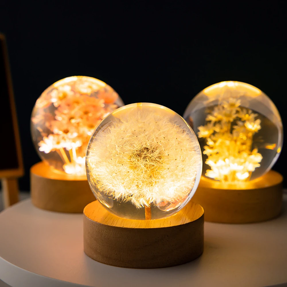 3D Crystal Ball Crystal Flower Night Light Dandelion Crystal Ball Night Lamp Birthday Gift Home Desktop Decoration with Base