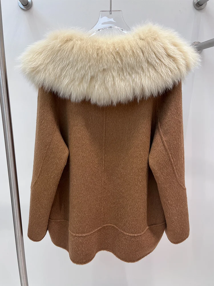 2025 frauen Winter Warme Natürliche Echt Fox Pelz Kragen Woolen Jacke Weibliche Luxus Damen Jacken Streetwear