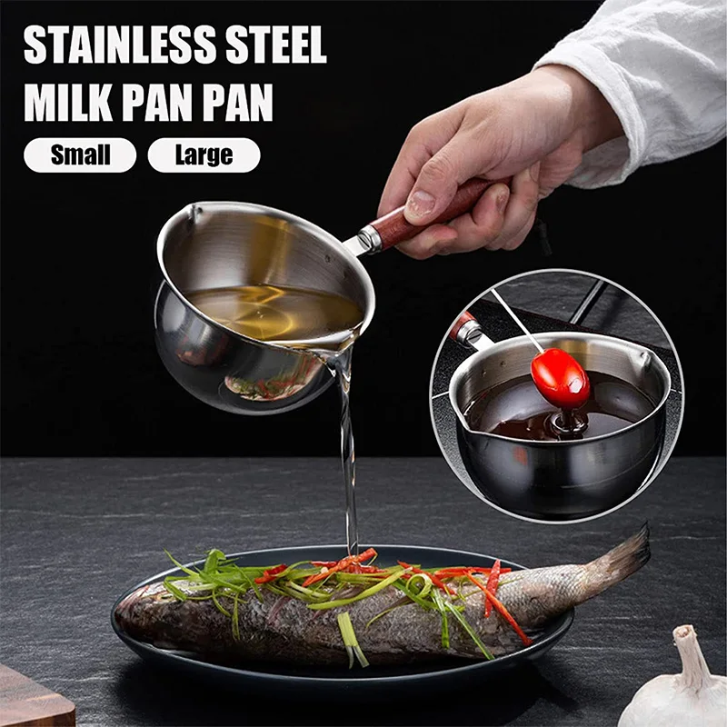 Mini Oil Splash Pan Stainless Steel 150/300ML Kitchen Oil Splatter Pot With Scale Wooden Handle For Heat Milk Cook Tools