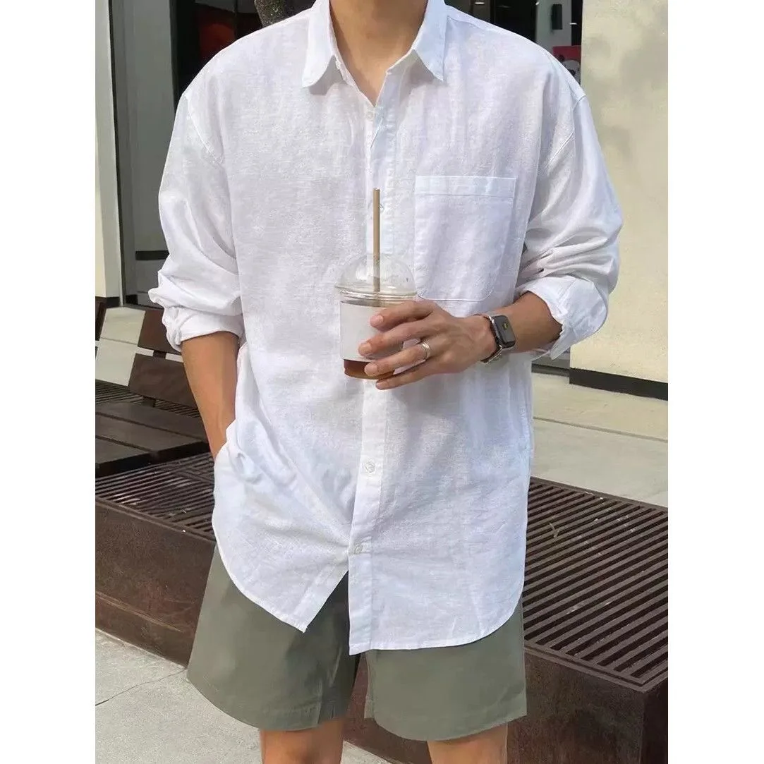 

Summer Casual Cotton Linen Shirt Shorts Set Men Loose Fit Long Sleeve Breathable Linen Five-Point Short Pants Two-Piece Set