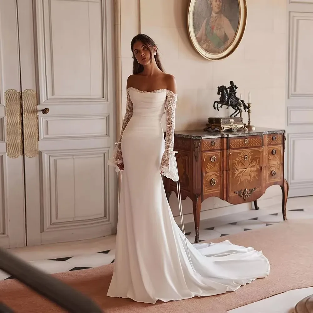 Boho Off Shoulder Mermaid Wedding Dress White Satin Ruched Bodice Detachable Lace Flare Sleeves Sweep Train Elegant Bridal Gown